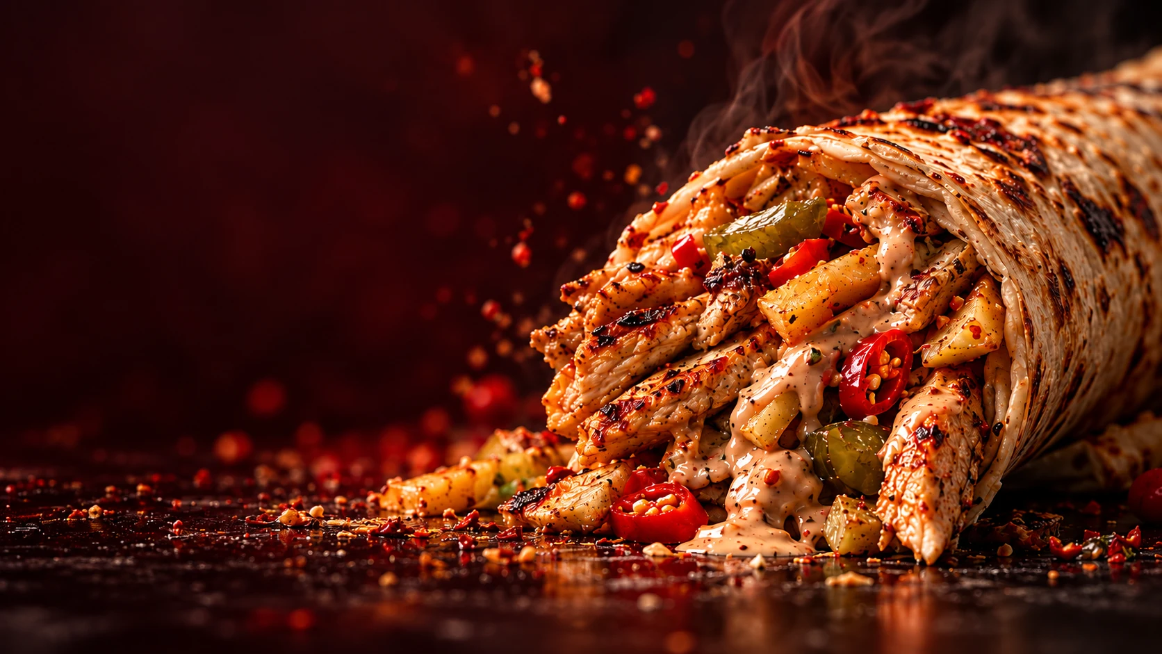 Chicken dürüm with fries, pickles, chillies and signature sauce in toasted lavash